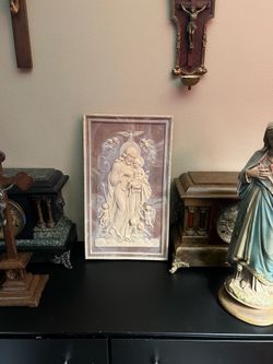 Vintage antique Catholic marble resin plaque  19x11