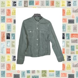French Cuff Grayish Green Cotton Jean Jacket w Zip & Flap Pockets Women Medium