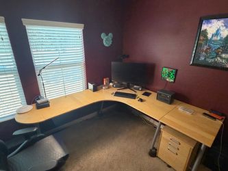 L-Shaped Desk With Media/Printer Riser, Three Drawer File Cabinet and Double Door Cabinet