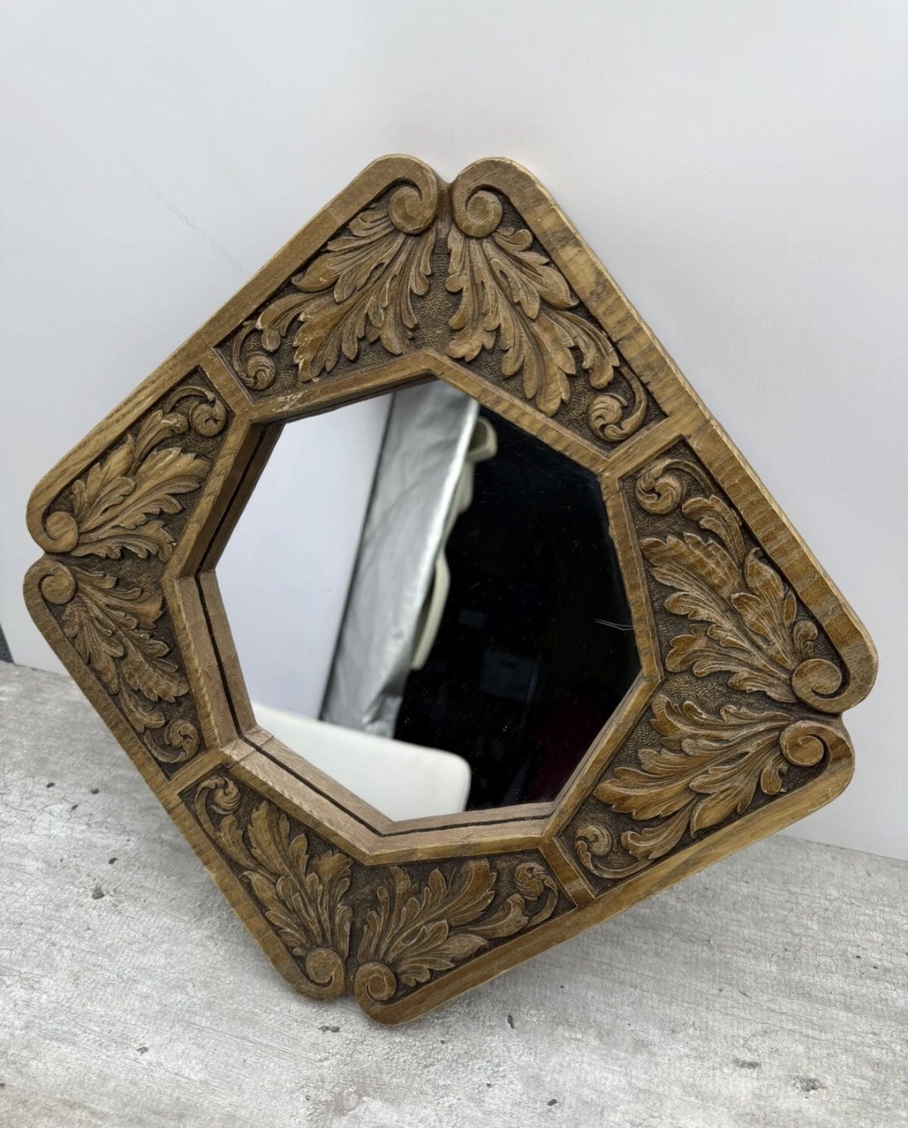 Vintage Octagonal Wooden Mirror 1973 Engraving Carved Mid Century MCM Home Decor
