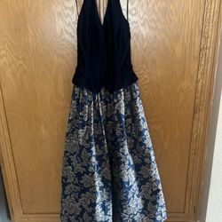 vintage 90s Jessica McClintock formal dress with a blue velvet halter top and a gold brocade floral skirt