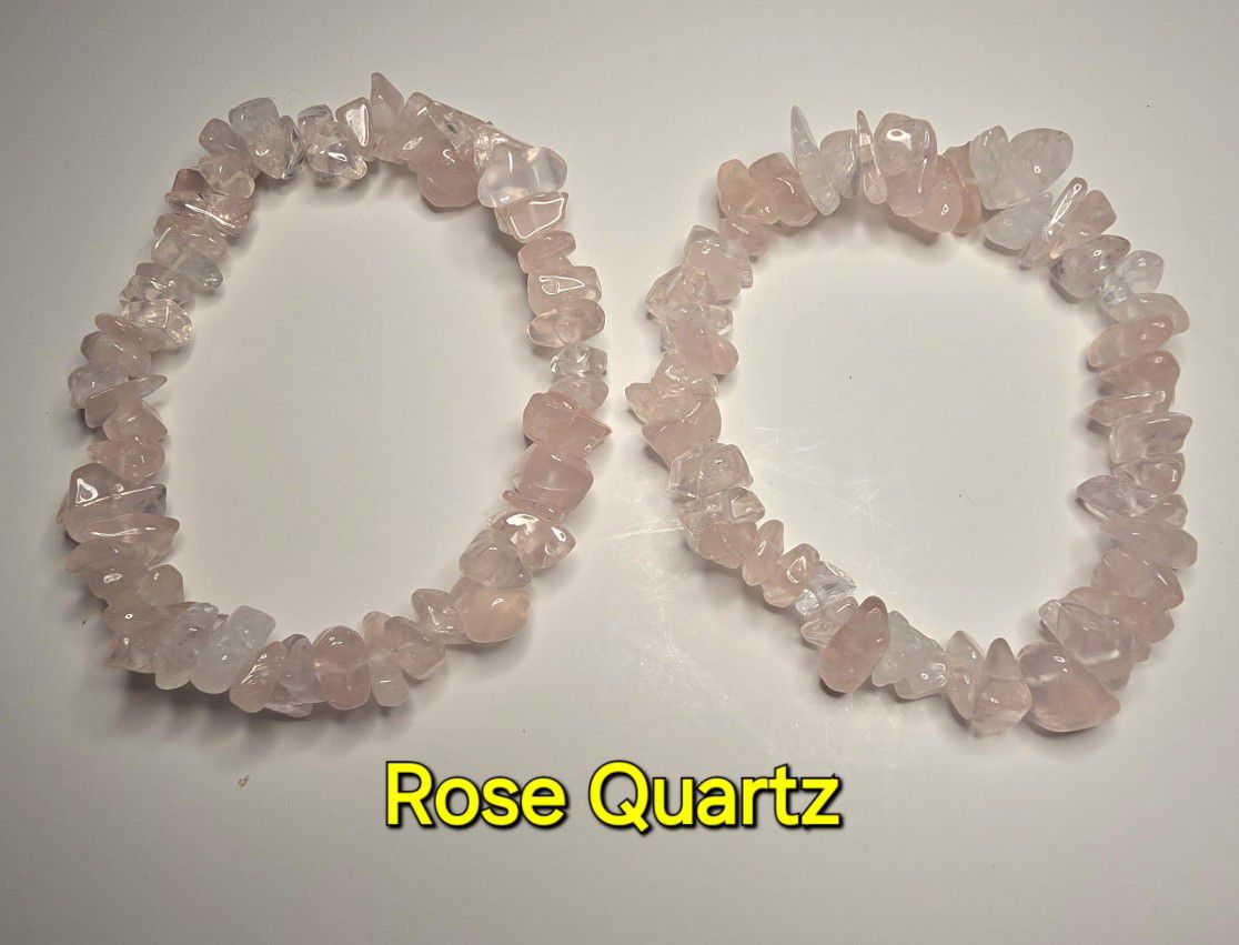 Pair of Pink Rose Quartz Premium Quality Natural Polished Crystal Gemstone Chip Bracelets and January Birthstone 