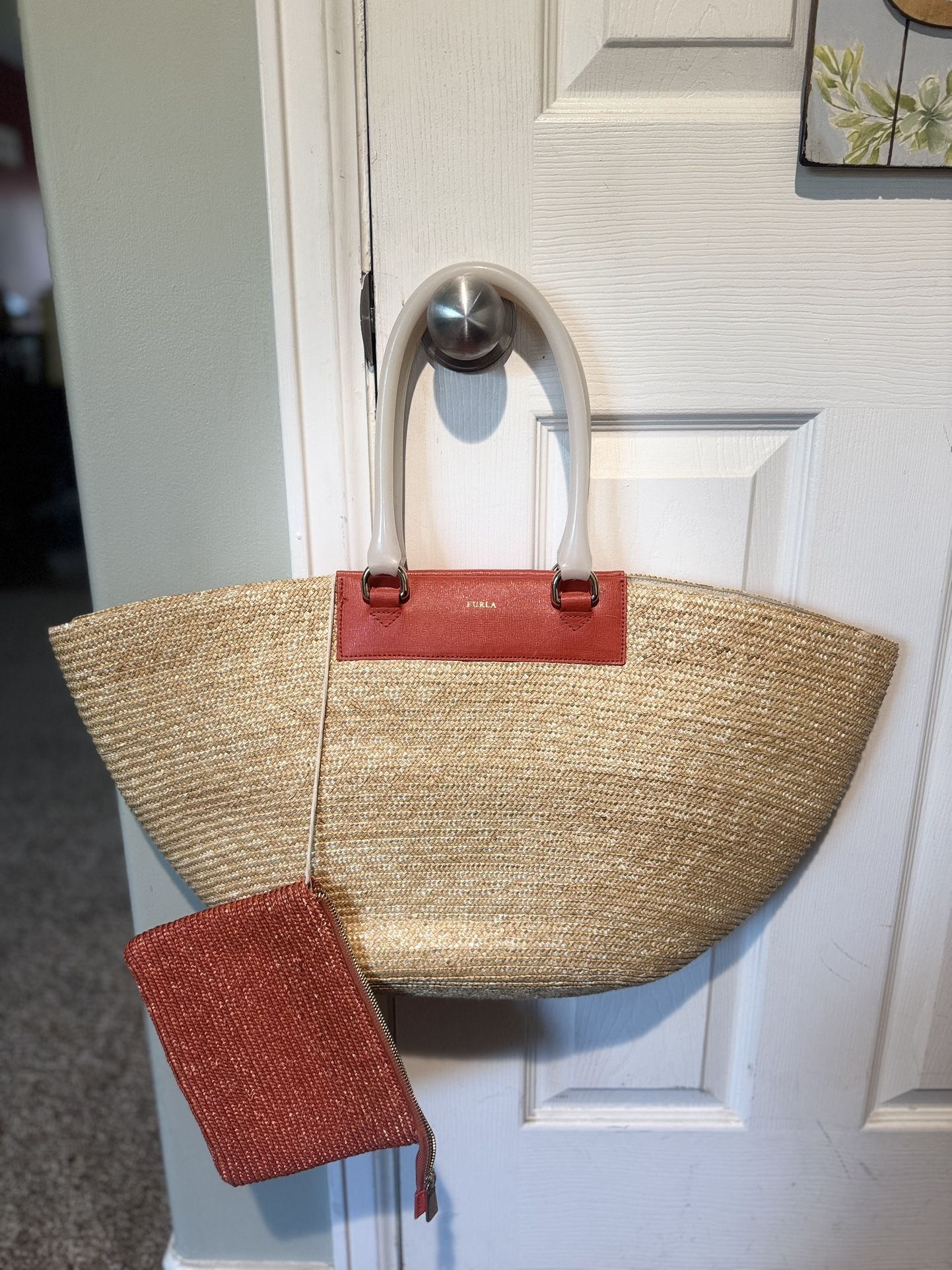 Furla Woven Straw Tote Bag with wallet