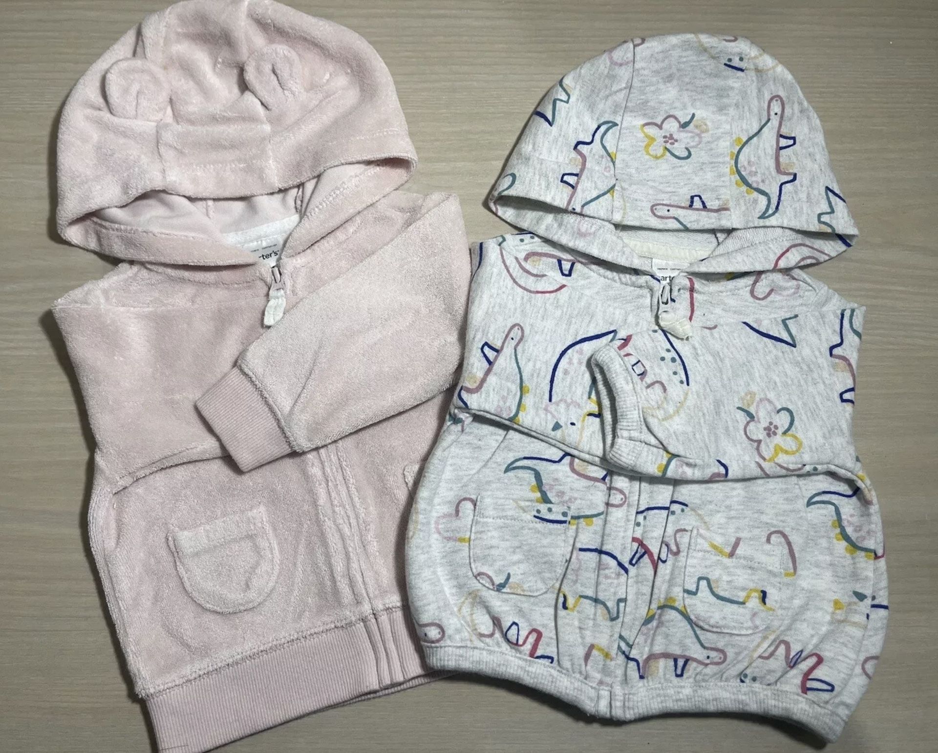 Lot of 2 Carter's Jackets 3 Months Zip Pink And Grey Dinosaur Hooded Outerwear Baby