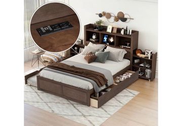 Full size bed frame with sliding bookshelves