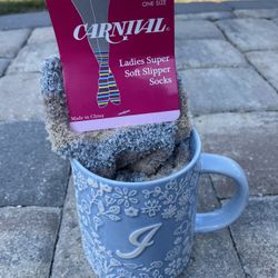 Gift Set- Modern Expressions Ceramic Mug with a “J" + Carnival Ladies Socks New