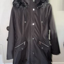 Guess Black Faux Fur Hood Lace Up Sides Jacket Large