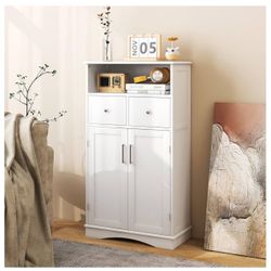 Giantex Bathroom Floor Storage Cabinet - Freestanding Storage Cabinet with 2 Doors, 2 Drawers, 2 Adjustable Shelves, Storage Organizer for Living Room