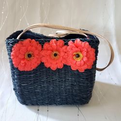 Black Raffia Wicker Shoulder Bag Red Floral Square Summer Tote Vintage NOS