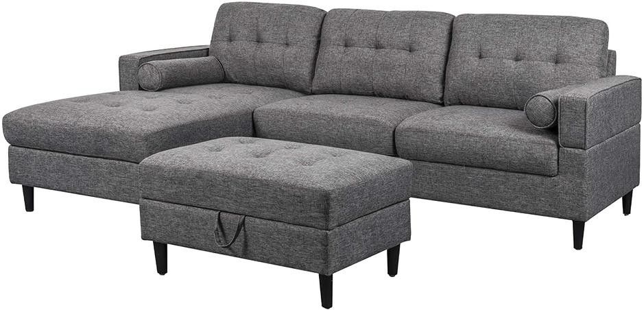 Dark Gray Upholstered Chaise Sectional Sofa Set with Storage Ottoman