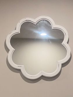Boho Style White Scalloped Wall Mirror With Distressed Finish - 31" in Diameter