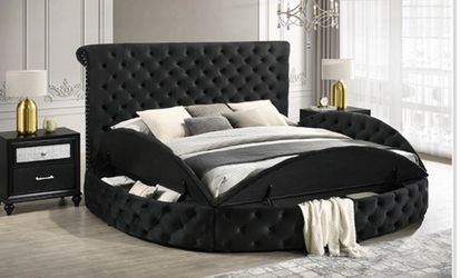 ROUND BLACK PLATFORM BED FRAME WITH STORAGE