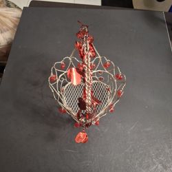 Metal Valentine Silvertone Basket Twisted Wire Heart Shaped W/Handle Red Accent Heart ❤️  Charms 6 X 6 X 8.5"H