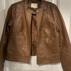 A New Day Jacket Brown Bomber Zip Up Pockets Faux Leather Women’s Size Large L