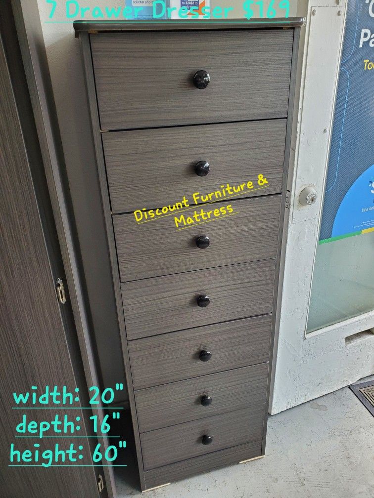 New Tall Gray 7 Large Drawer Dresser Chest