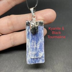 Blue Kyanite & Black Tourmaline Genuine Stone Pendant Necklace