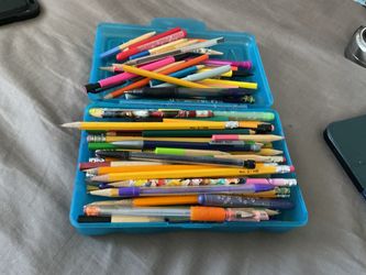 Blue Pencil Case with Pencils and Pens