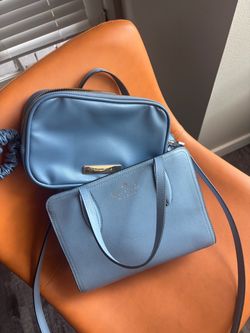 Kate Spade Light Blue Pebbled Leather Satchel Crossbody and Blue Makeup Bag