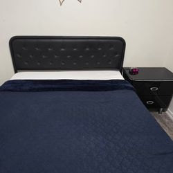Queen Size Bed Frame + Mattress + Black Nightstand – Modern Set