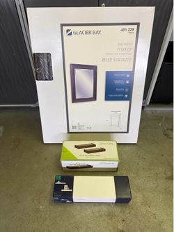 GLACIER BAY BLACK BROWN ESPRESSO MIRROR FRAME WITH WALL SHELVES LEDGES. BRAND NEW IN BOX. 30 X 24. TAKE ALL FOR $20