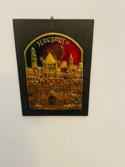 Jerusalem old city-walls & gate-metal on wood plaque-Hadar Aviv artist-signed