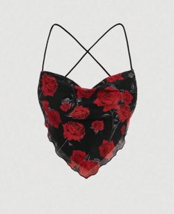 Black Rose Print Mesh Top (Medium)