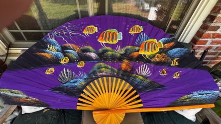 Large Vintage Decorative Hand Panted Fan w/Fish Design