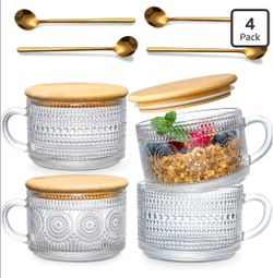4 Pack Glass Mugs with Bamboo Lids and Spoons