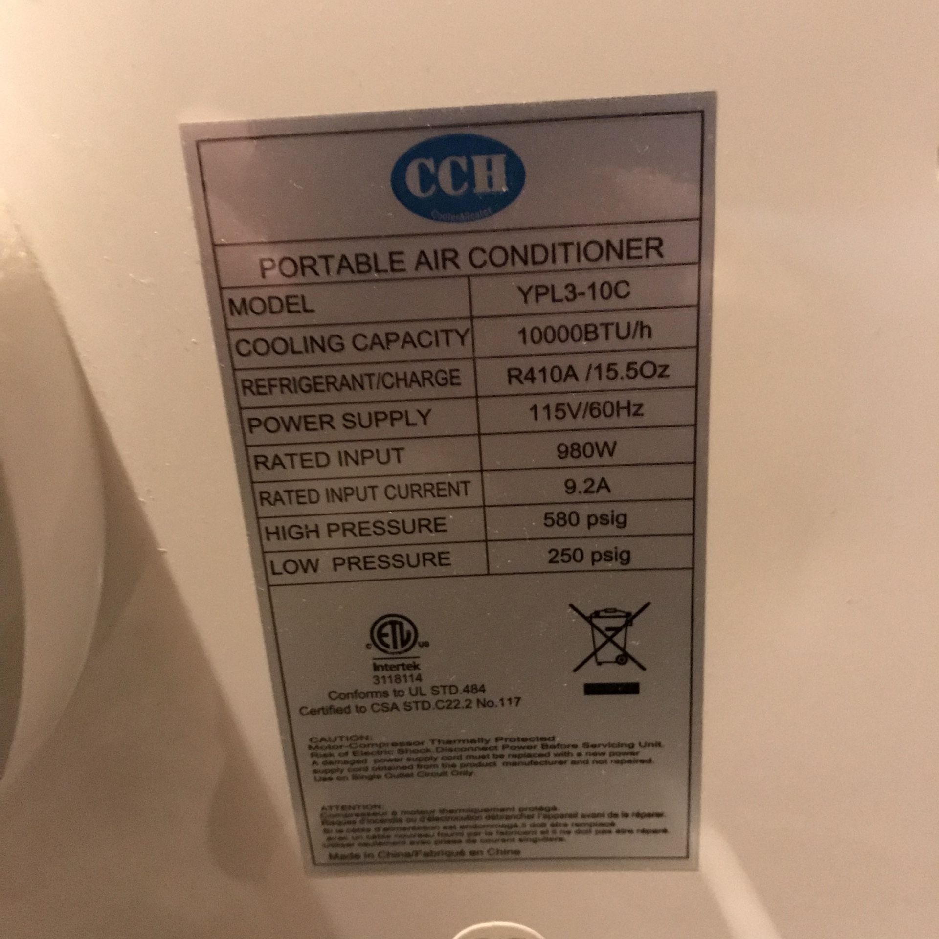 CCH YPL310CCCH 10000 BTU Portable AIR CONDITIONER with REMOTE for