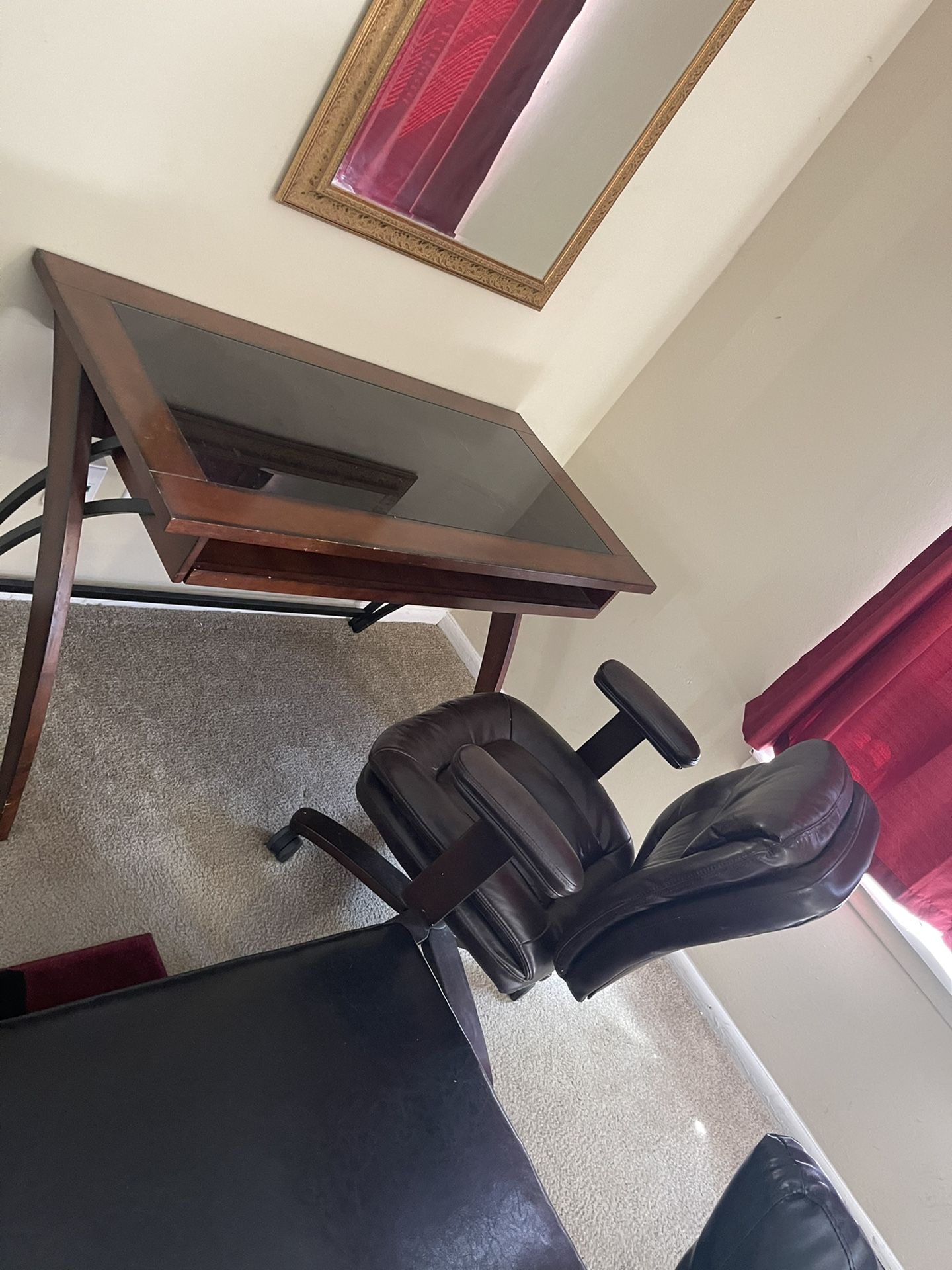 3 Piece Mirror , Wooden / Glass office Desk , Brown Leather Office Chair $125