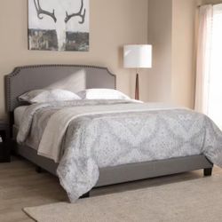 New Queen Size Light Gray Upholstered Nailhead Bed