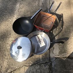 5 Pieces  Cook Ware Red Copper Fryer With Covertop ,Thomas Non Stick Fry Panand Riverware 30 Cm Skillet With Cover