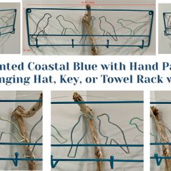 Freshly Painted Coastal Blue with Hand Painted Birds Metal Hanging Hat, Key, or Towel Rack w 4 Hooks
