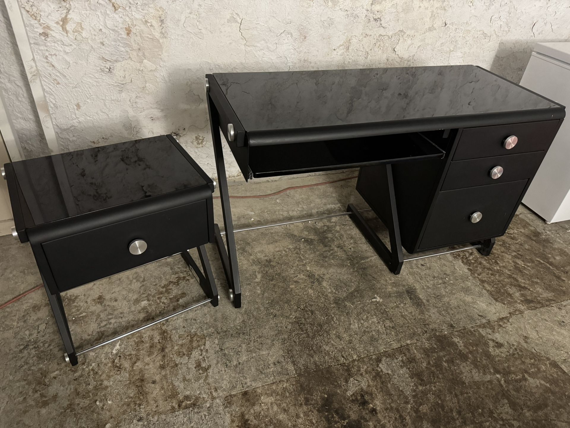 Powell Z Modern Glass Top Desk and matching End Table