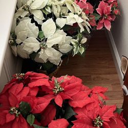 POINSETTIA SILK FLOWER POTS, GOLD AND SILVER ONLY-MANY AVAILABLE, EACH - 