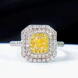 Cluster Engagement Ring, Real 18k White  0.38 Ct Natural Yellow Diamond 