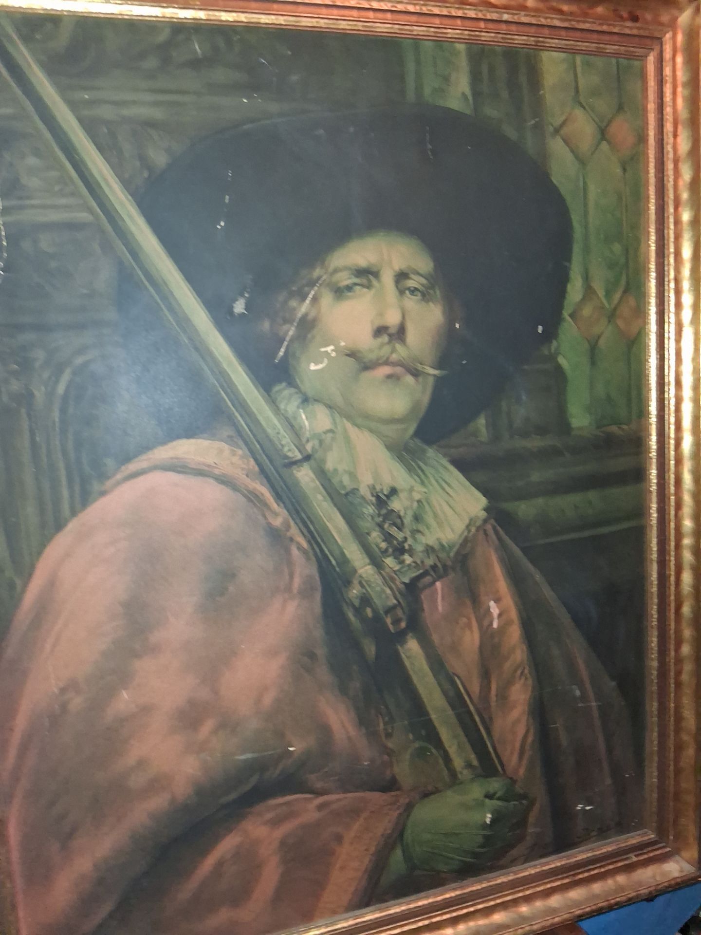 Vintage print. "Cavalier Holding a Musket" by Alex de Andreis. Print. Beautiful frame 38" x 33"