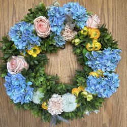 Premium 20" Faux Floral Wreath - Blue Hydrangea & Rose (Vibrant!)  