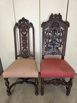 Vintage Ornate Baroque Revival High-Back Carved Wood Dining Chairs