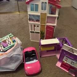 Lot Of Barbie Stuff - Furniture, Barbie Car & Dolls