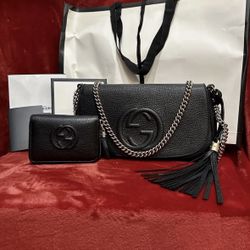Gucci Soho Chain Crossbody Shoulder Bag Black Leather New