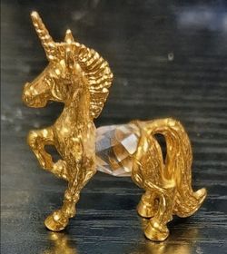 1983 Iris Fine Sculptures 24K Gold Plated & Crystal Miniature Unicorn Figurine - Excellent Condition