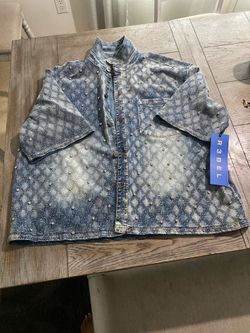 Adult mens Blue Distressed Denim Jacket with diamond Stud Detail