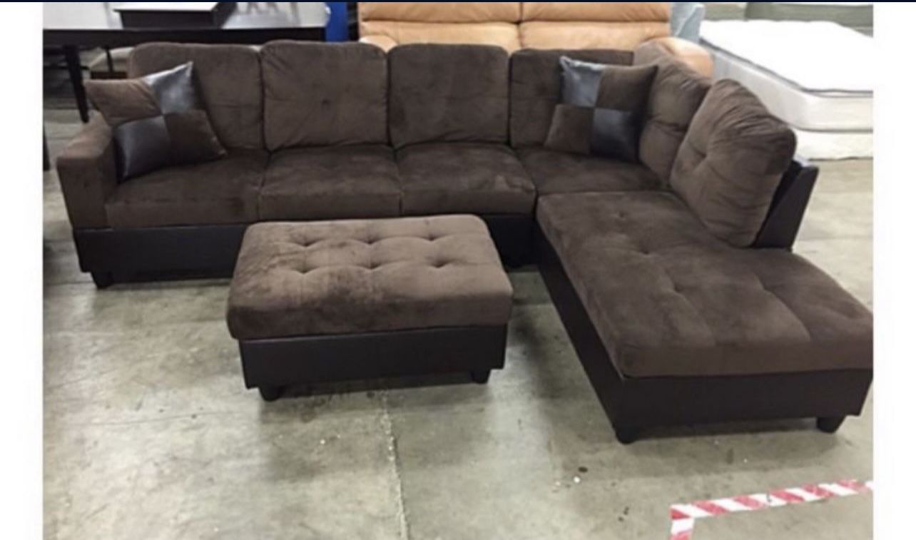 Brown Microfiber Sectional Couch And Ottoman