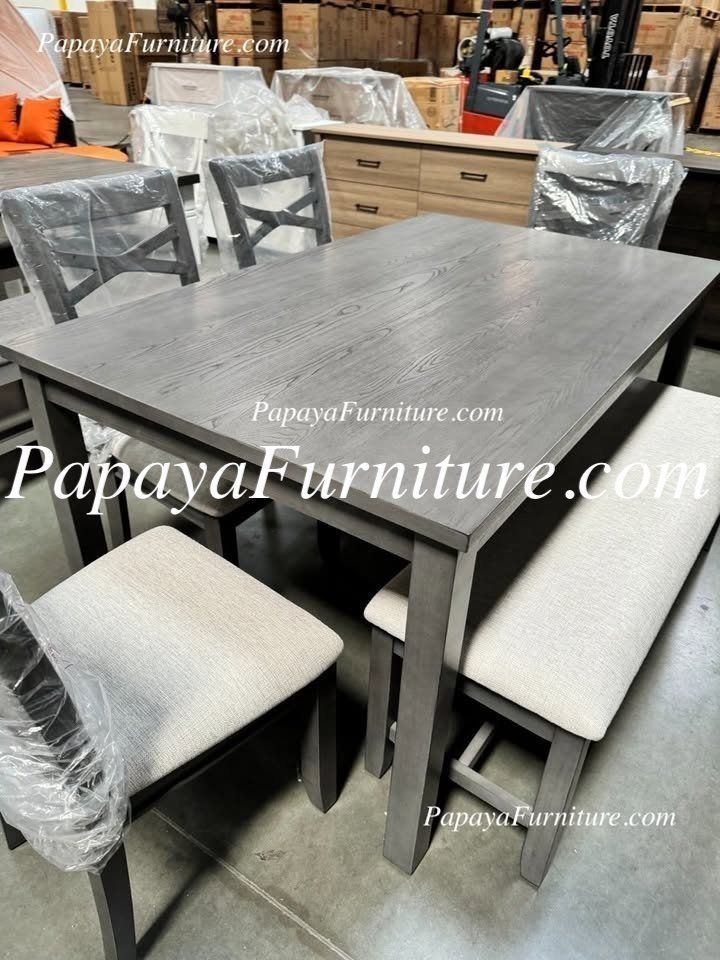 NEW 6 PIECE Dining Room Table Chair and Bench Set Kitchen Furniture Grey Gray Fabric Upholstered Cushion Wood Discount Furniture Warehouse BIG SALE