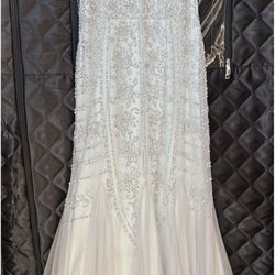 Beautiful Xscape Blue Embellished silver Crystals & Pearls Tulle Gown