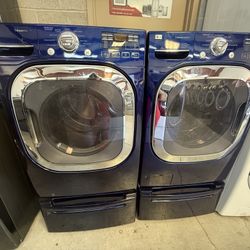 Riviera Blue Exclusive LG Steam Washer And Dryer Set with Pedestal