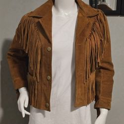 1960s Monte-Rey Leather Brown Suede Fringe Western Jacket Cropped Vtg Size 32