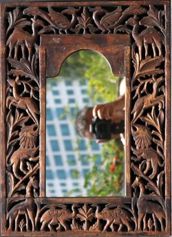 Indian traditional hand carved wooden mirror frame folk art