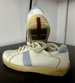 Authentic Prada White Leather Logo Sneakers 6.5/36.5 Vintage